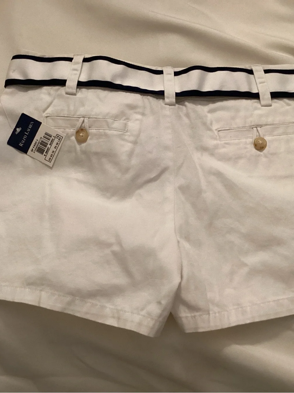 Ralph Lauren White Cotton Shorts with Navy-Trim Belt and Gold Buckle